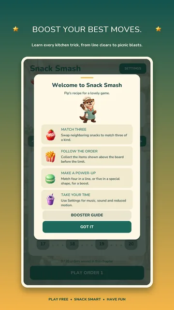 Snack Smash: Pip's quick guide to matching, orders and power-ups.