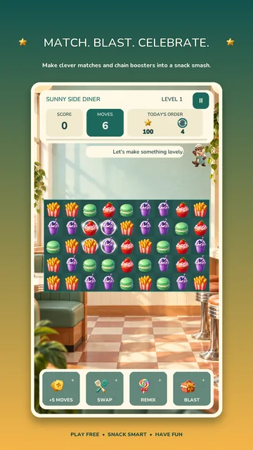 Snack Smash: a board of snacks ready to match, with boosters below.
