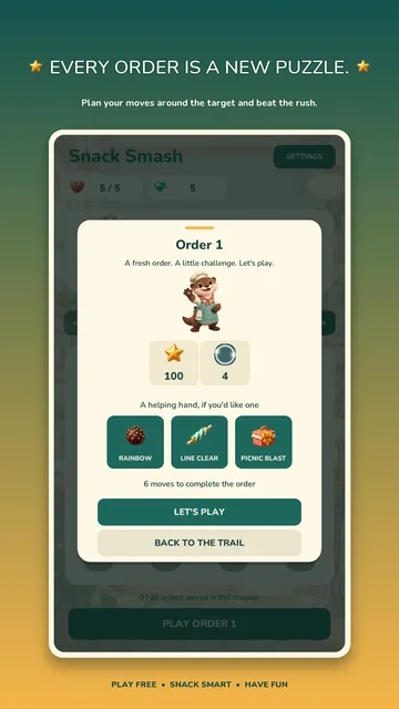 Snack Smash: an order card with its target and helpful boosters.