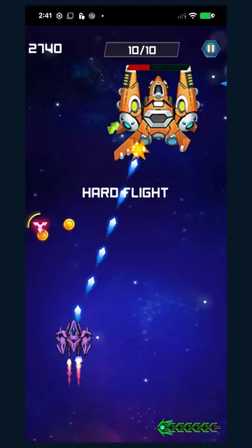 Super Nova Strike: dodging fire from a boss in a Hard flight.