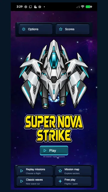 Super Nova Strike: the home screen with the player's ship.