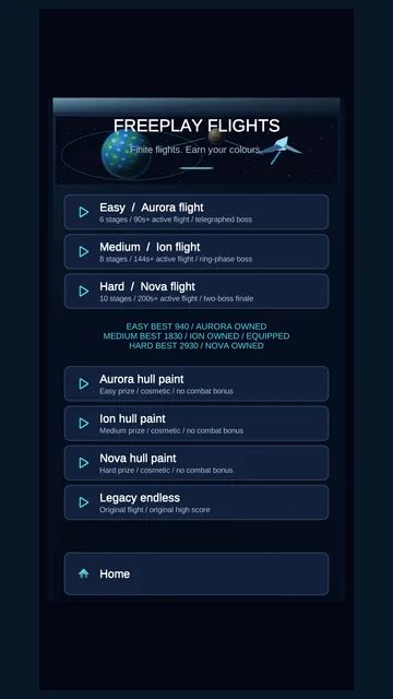 Super Nova Strike: Freeplay flights and the ship paints they earn.
