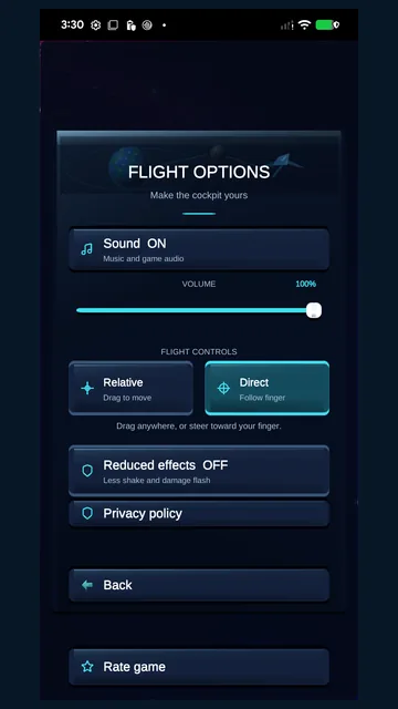 Super Nova Strike: flight options for sound, controls and reduced effects.