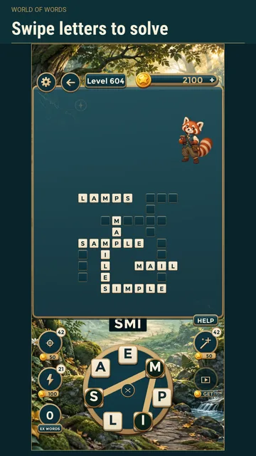 World of Words: swiping letters on the wheel to fill a crossword board while Quill the red panda watches.