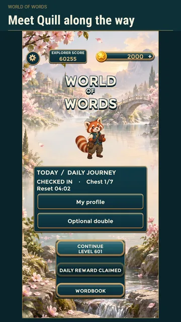World of Words: the home screen with Quill, the daily journey and the daily chest.
