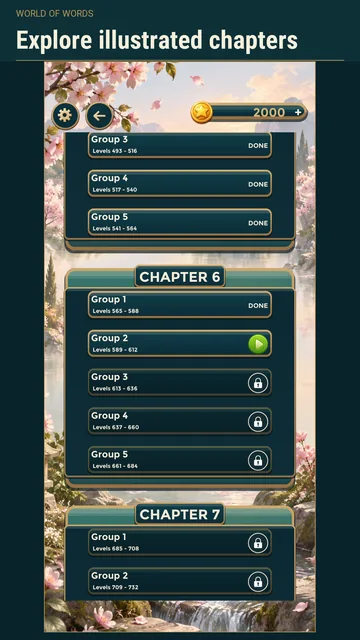 World of Words: the chapter map, with groups of levels to unlock.