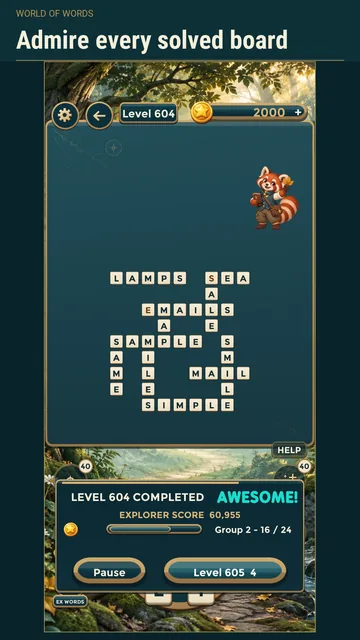 World of Words: a solved board and the level complete panel.