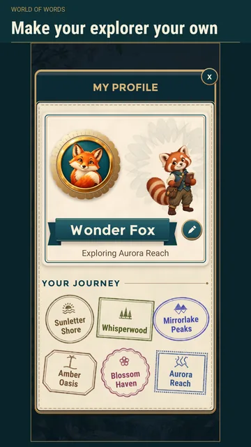 World of Words: the My Profile page with an emblem and journey stamps.